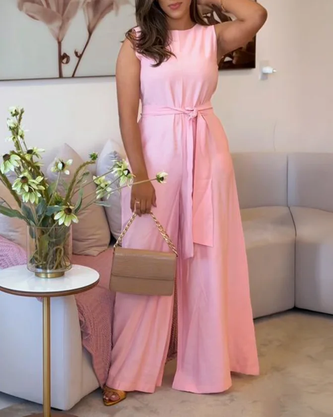 Women's Jumpsuits Summer Female Clothing Temperament Round Neck Sleeveless Elegant Plain Belted Wide-Leg Jumpsuit for Women