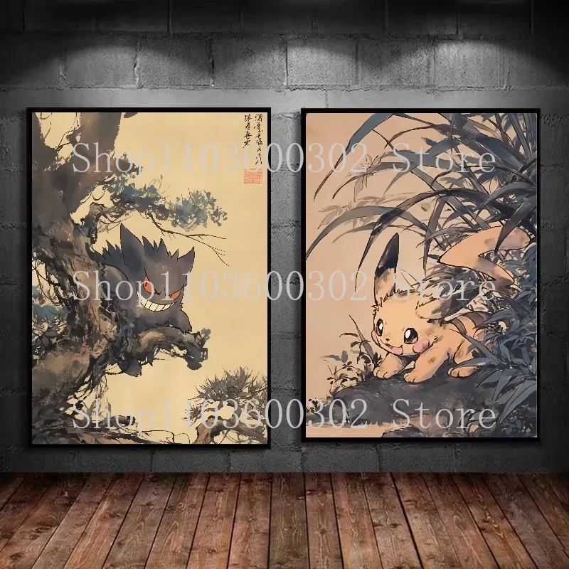 Anime Pokemon Character Poster Ink Painting Canvas Painting and Print Office Wall Art Painting Suitable for Living Room Gift