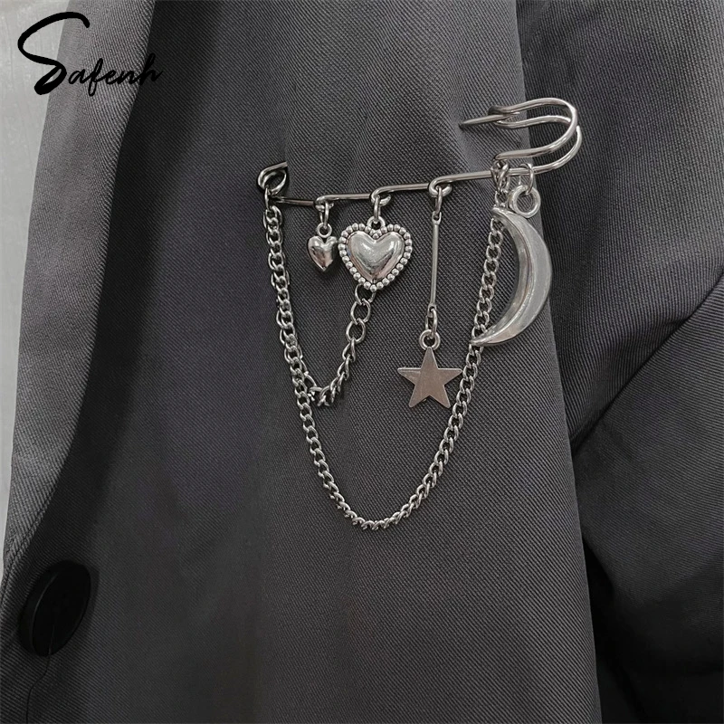 Fashion Heart Angel Wings Chain Brooch For Women Men Creative Suit Decoration Tassel Chain Pin Clothing Jewelry Accessories Gift