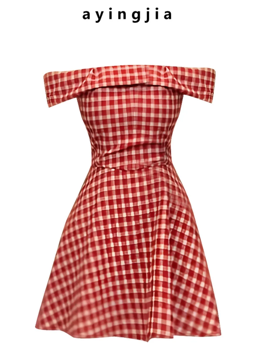 

Сладкая и пикантная летняя женская повседневная короткая платье-трапеция в клетку с одним открытым плечом, в стиле ретро, с завышенной талией, X-образного силуэта