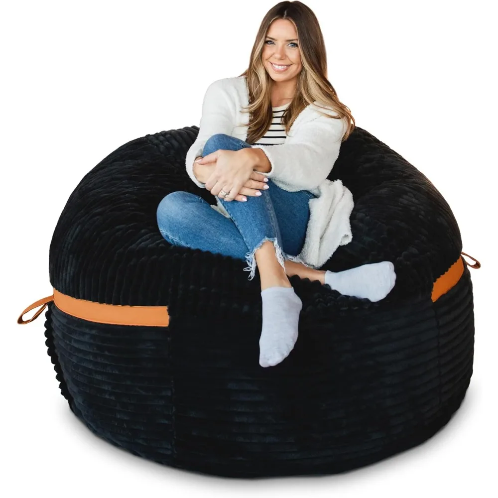 Fuf Silla tipo puf grande con relleno de espuma y funda extraíble, regaliz negro, felpa con cable, 4 pies grandes