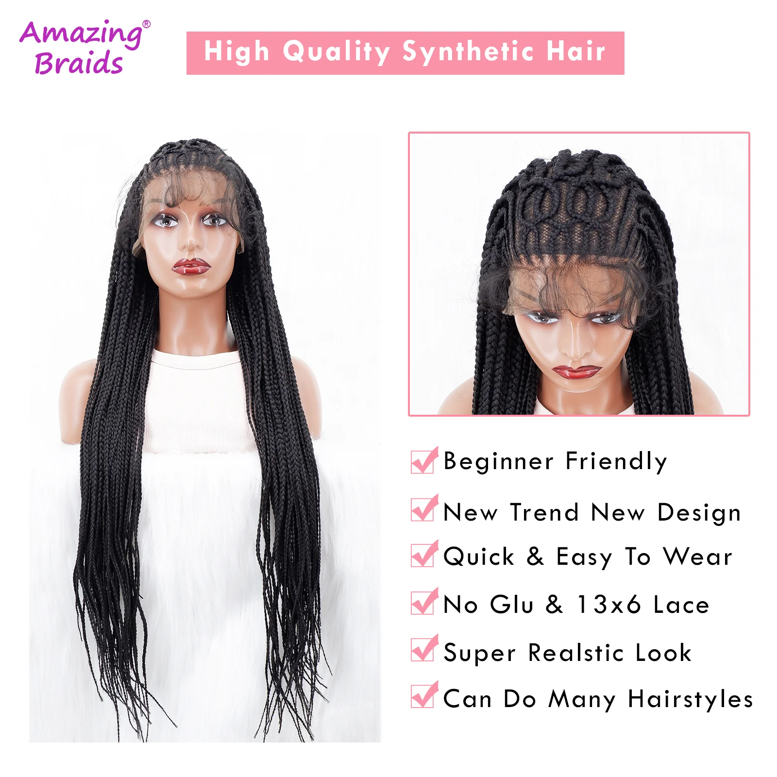 34inch Synthetic Handmade Cornrow Braided Wigs Lace Front Wig Knotless Box Braided Lace Wig with Baby Hair For Black Women