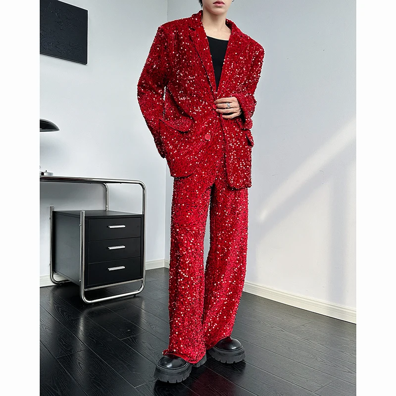 Red Black (Jackets + Pants) Men Suit Sets Dress Blazer Stage Show Shiny Clothing Plain Color Long Sleeve Suit Jacket with Pants