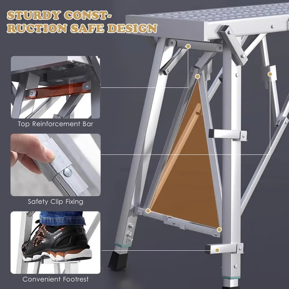 ポータブル折りたたみ式作業プラットフォーム、足場タワー、スツールベンチ、高さ調節可能、亜鉛メッキ鋼、容量800ポンド、多目的