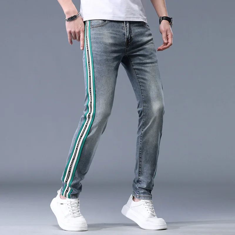 Jeans slim fit estampado listrado masculino, calça luxuosa leve, elástica, design de moda verão, 2024