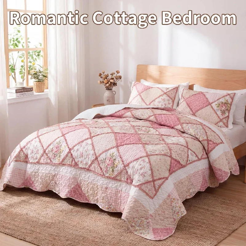 Ruffle Edge Patchwork Quilt 3-Piece Set King Queen Size, Lightweight Polyester Bedspread Coverlet for Bed, Simple Bedding