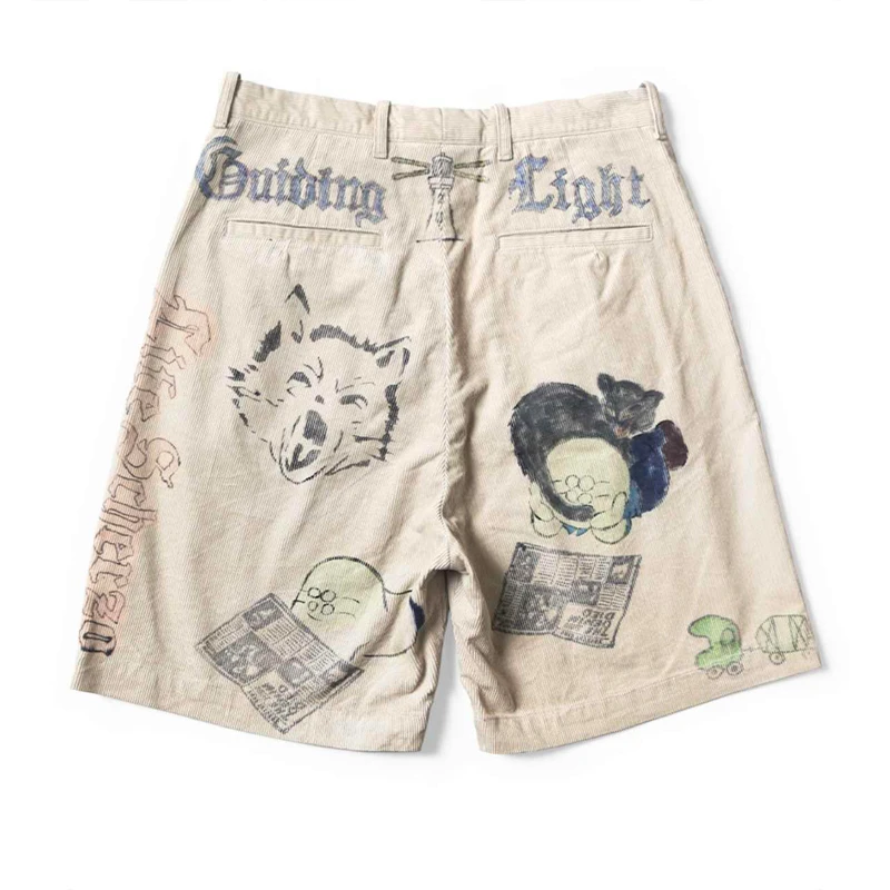 25SS KAPITAL Hirata and Hongri Style Casual Cartoon Fun Printed Washed Water Distressed Corduroy Shorts