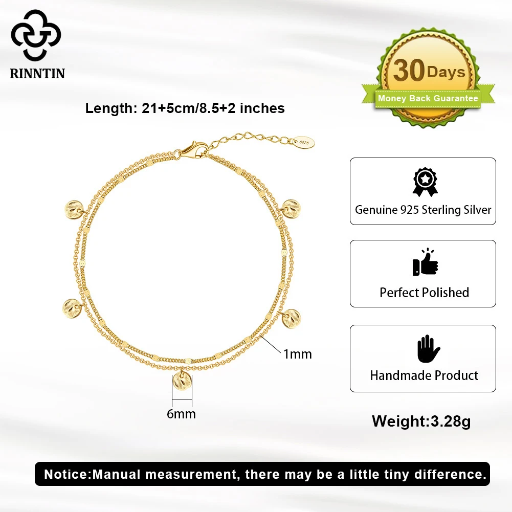 Rinntin Genuine 925 Sterling Silver Layered Cuban Chain Anklet with Coin Bead for Women Summer Foot Chain Straps Jewelry SA64