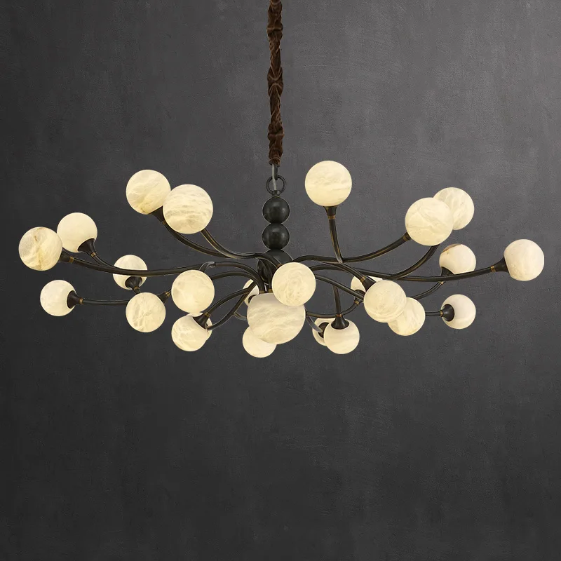 Modern Spanish Marble Chandelier with Globe Stone Shades Brass Black Finish Round Linear Dimmable Ceilings Lustre