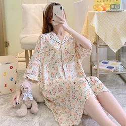 Vestido de dormir de talla grande de algodón con estampado Floral, camisón de manga tres cuartos, ropa de dormir suelta, ropa de casa de verano