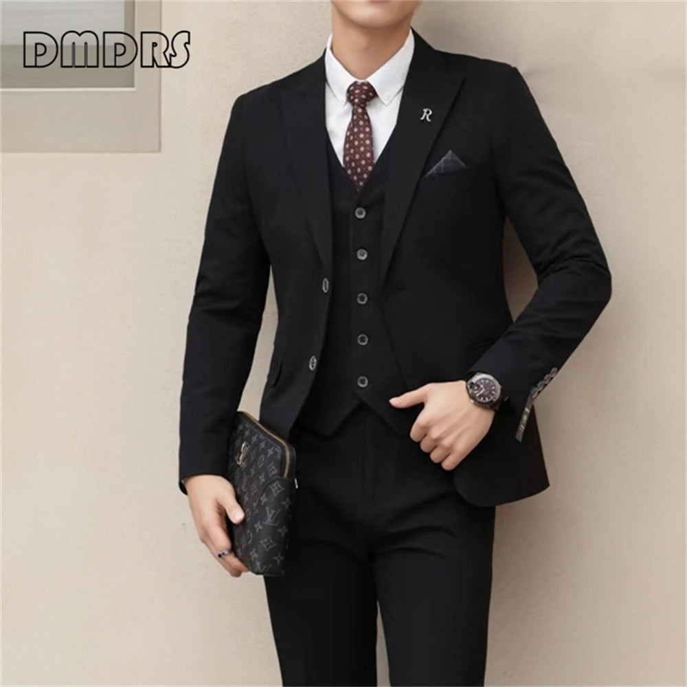 

Solid Slim Fitting Business Suits Set Jacket Vest Pants Plus Size Tuxedo for Wedding Blazer 3 Pieces Formal Suit Set for Men