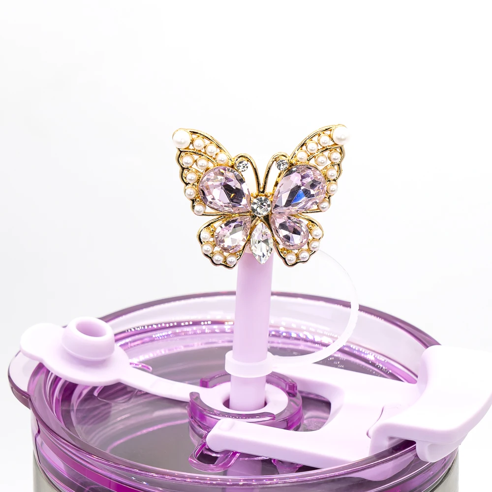 8MM Silicone Straw Cover Cap Metal Decoration,Crystal Heart Butterfly Straw Topper for Cups Accessories,Dustproof Straw Cap
