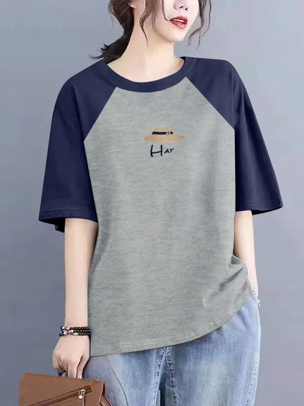 เสื้อยืดผ้าฝ้ายพิมพ์ลายสำหรับผู้หญิงไซส์ใหญ่ แฟชั่นฤดูร้อน ตัดป้าย กระดุมผ้าฝ้ายแท้ ทรงกลม แขนสั้น สไตล์เกาหลี