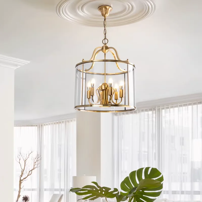 American Country Gold Chandelier Vintage Copper Glass Birdcage Pendant Lamp Hotel Lobby Aisle Corridor Restaurant Cylinder Light