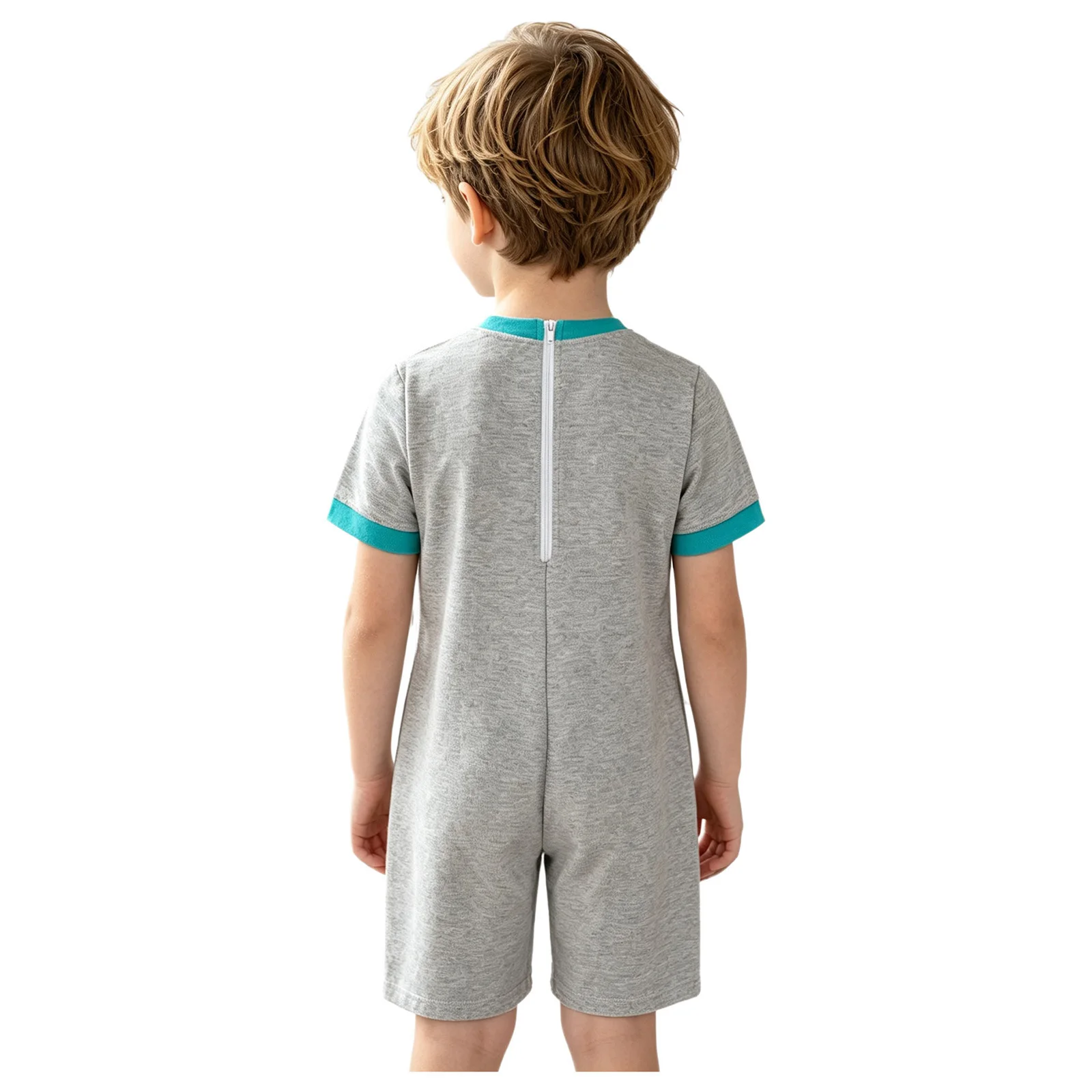 Kids Boys Girls Special Needs Adaptive Clothing Cotton Round Collar Short Sleeve Bodysuit Press Buttons Jumpsuit with Pocket
