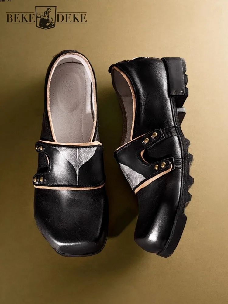 

Мужские лоферы из натуральной кожи ручной работы, высококачественная винтажная дизайнерская удобная повседневная обувь без шнуровки с квадратным носком и принтом на платформе