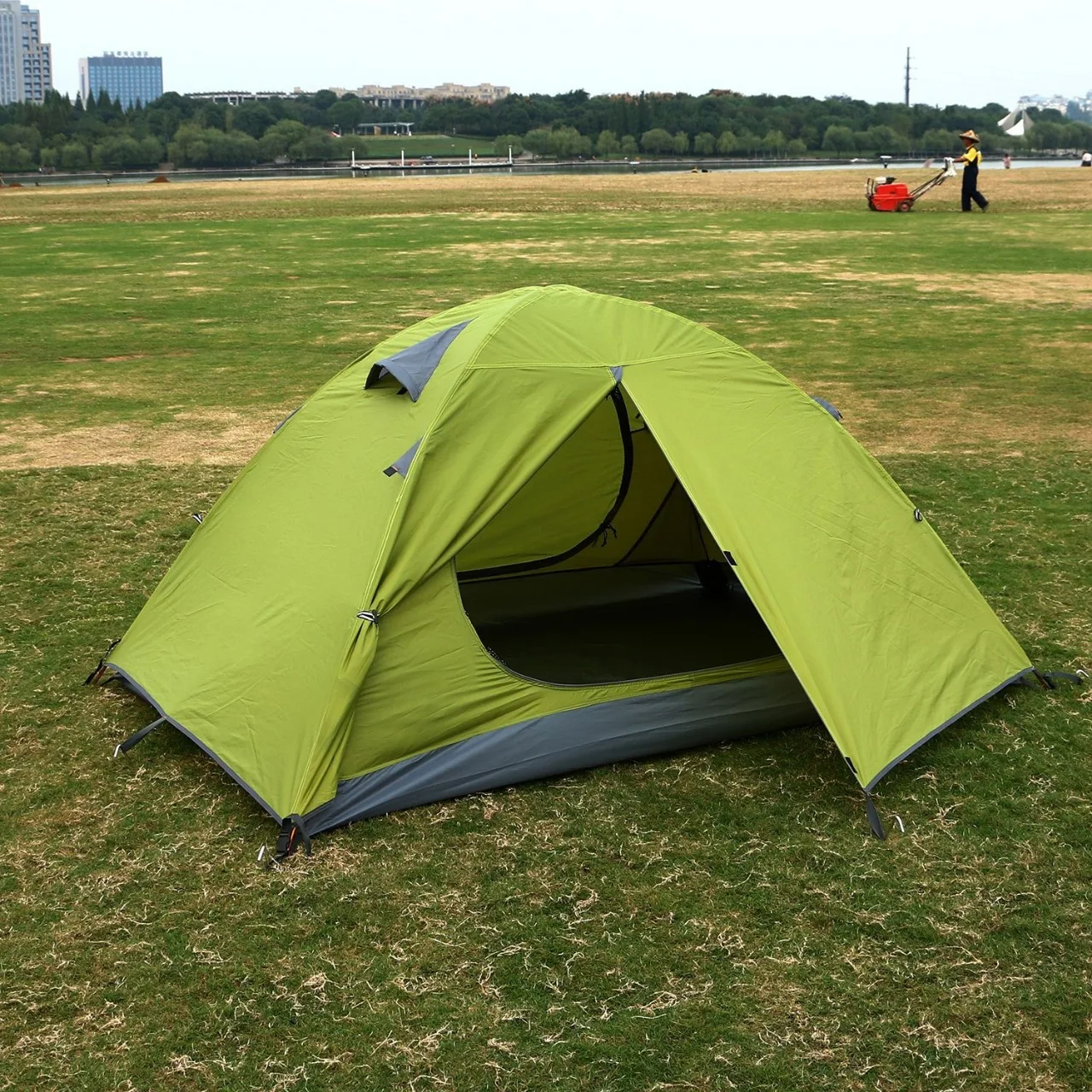 Tenda berkemah lipat portabel dua lapis, bahan kain Oxford, tahan hujan dan angin