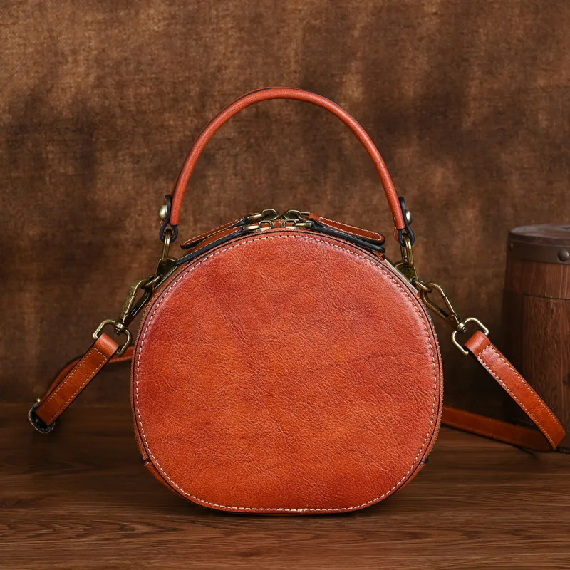 LOMCEL TY23 New style makeup bag - Retro Chinese style small round bag - Outer layer of genuine leather - Shoulder strap