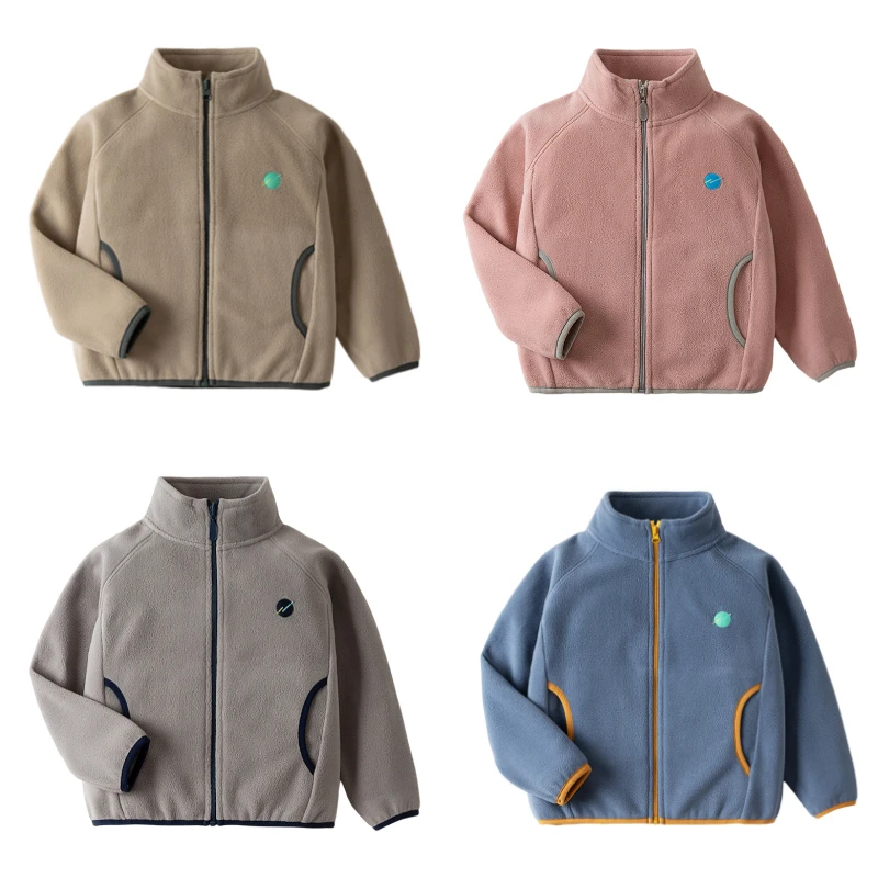 Teen Boys Girls Outdoor Sports Outerwear Kids Anti Static Polar Fleece Jacket Solid Stand Collar Zip Up Coat Color Block Design