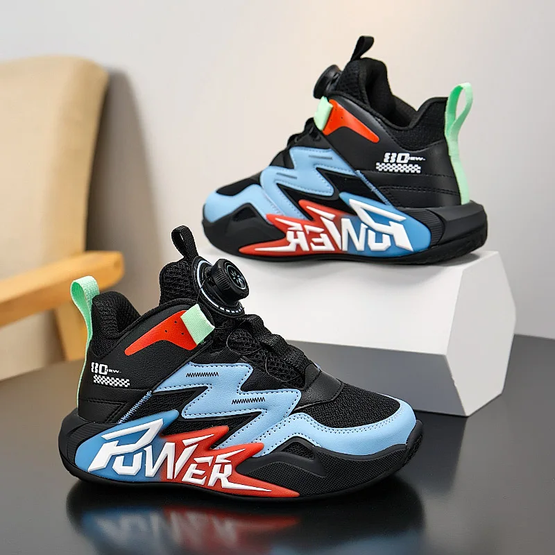 A pair of breathable children's all-weather sports basketball shoes with a rotating-style shoelaces. CT-L8807