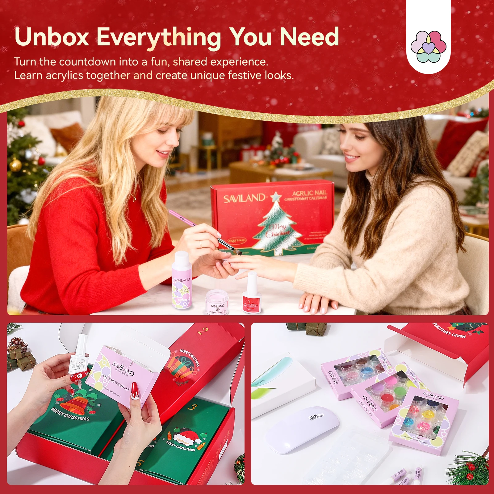 SAVILAND 24-Tage-Weihnachts-Acryl-Nagelset, Adventskalender mit Nagelbohrer und Aufklebern, Urlaubs-Maniküre-Geschenkset für Frauen