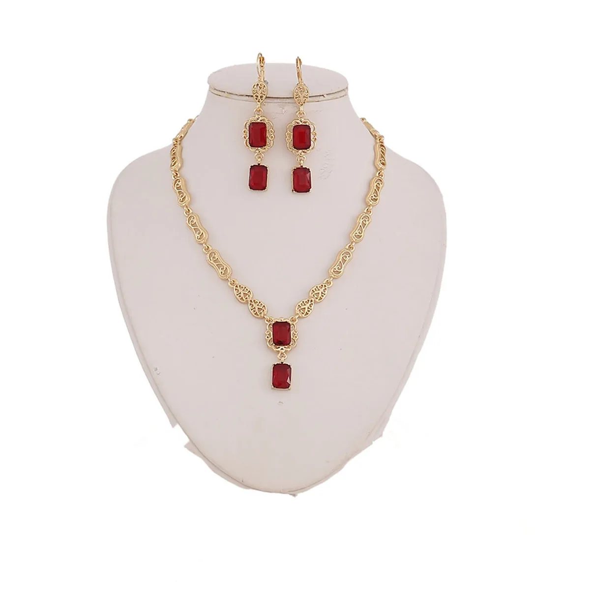 Marokkanischer Stil Halsketten- und Ohrring-Set Luxuriöser Glänzender Rot-Grüner Kristall Quadratischer Anhänger Halskette Statement-Schmuck – Detail 8