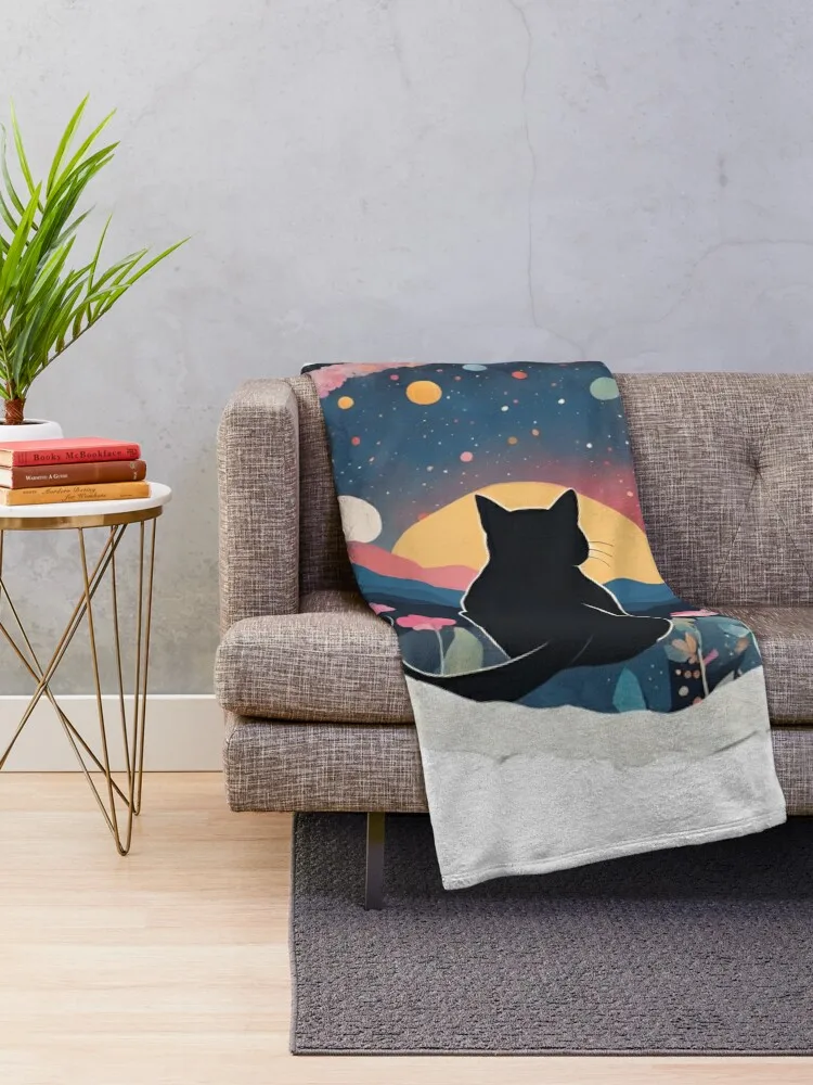 Charming Cat Art Print – Enchanting Floral Night Sky Illustration for Home Decor Throw Blanket Flannel Fabric wednesday Blankets