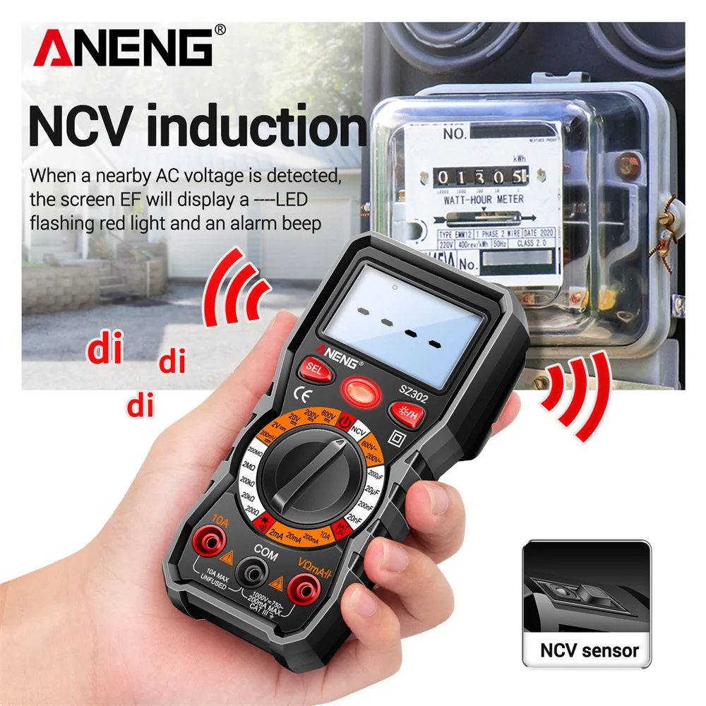 ANENG SZ302 Multímetro Digital, AC/DC Votage Atual, Tester Automático, Detector NCV, Resistência Ohm Amperímetro, Medidor de Capacitância