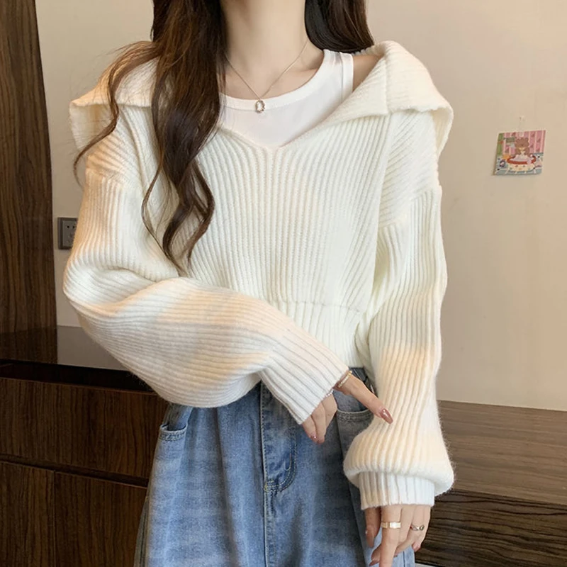 Rimocy Turn Down Collar Cropped Sweater Women Autunm Winter Long Sleeve Knitted Jumper Woman Korean Style Solid Color Jerseys