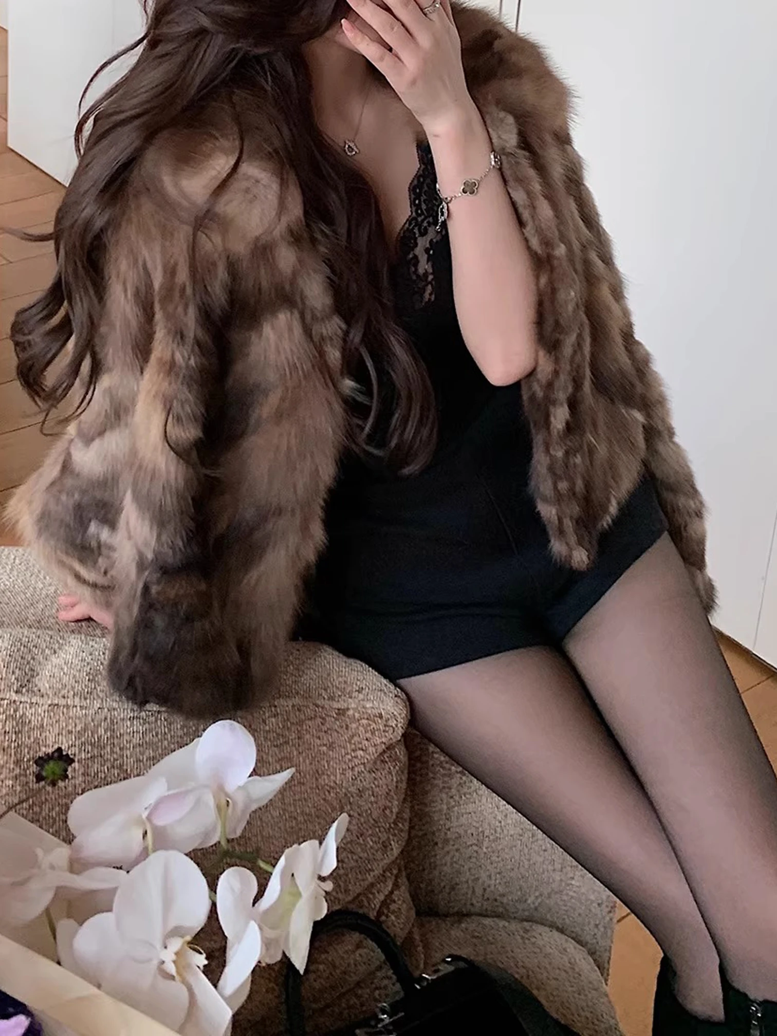 

Winter Aosphere Fur Jaet V-Ne Version Wool Material Long Sve Straight Cut Single Piece Regular Length Pure Color