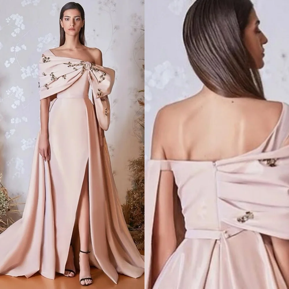 Ball  Elegant Off-the-shoulder A-line Brush Evening Gown Rhinestone Bows Satin Customized Saudi Arabia es