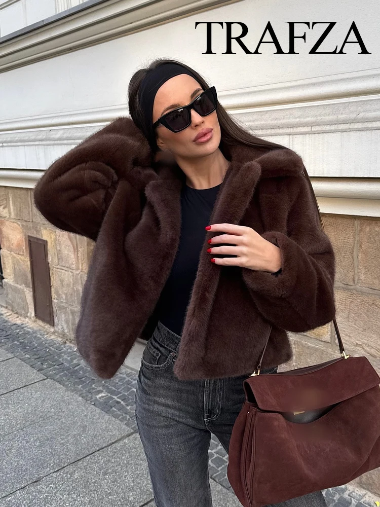 TRAFZA Woman Faux Fur Warm Jackets Women Winter Chic Lapel Long Sleeves Single Breasted Side Pockets Decorate Slim Coat Elegant