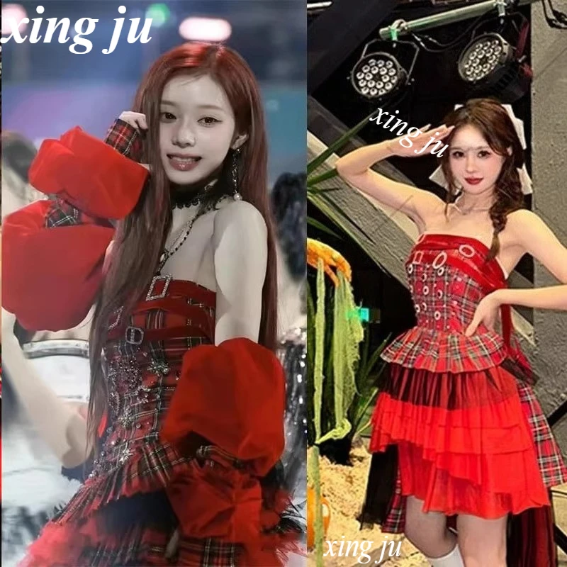 

Kpop Korean Women Singer Costume Sexy Red Plaid Off-Shoulder Mesh Pleated Short Dress Female Jazz Dance Performance Stage Wear