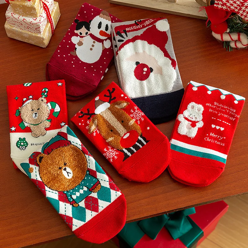 5 pares de meias femininas de meia panturrilha, árvore de natal e veados, presente de natal, meias de casal, cor vermelha para inverno, outono, temporadas