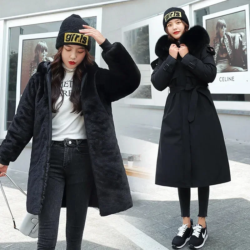 2025 جديد الشتاء سترة المرأة سترات سميكة الدافئة الفراء بطانة طويلة سترة الإناث مقنعين الصوف معطف مبطّن تفريغ أبلى 5XL #4
