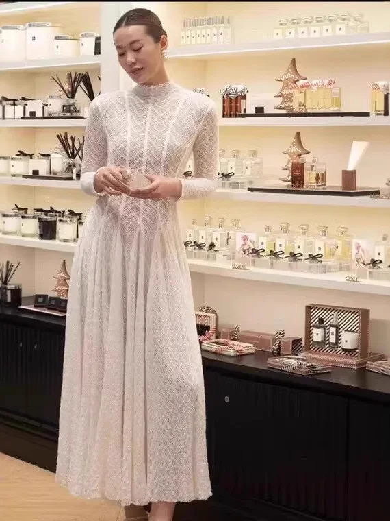 

Elegant Long Sleeve Lace Vest Dress Women Slim Fit Umbrella Skirt Long Dress Fashionable Polyester Fiber Spring Autumn Winter