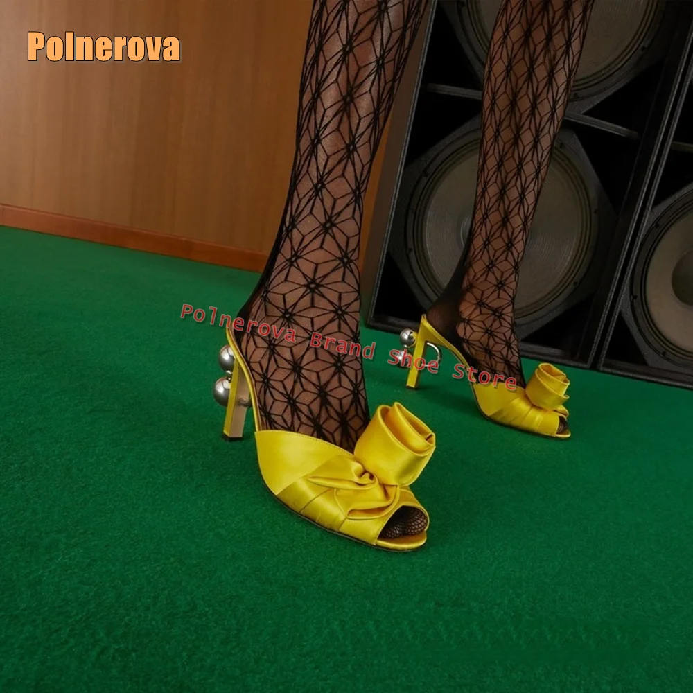 Yellow Flower Shaped Heel Sandals Dress Runway Show Shoes Peep Toe Metal Ball Decoration Slip On Shallow Women Sexy Slippers