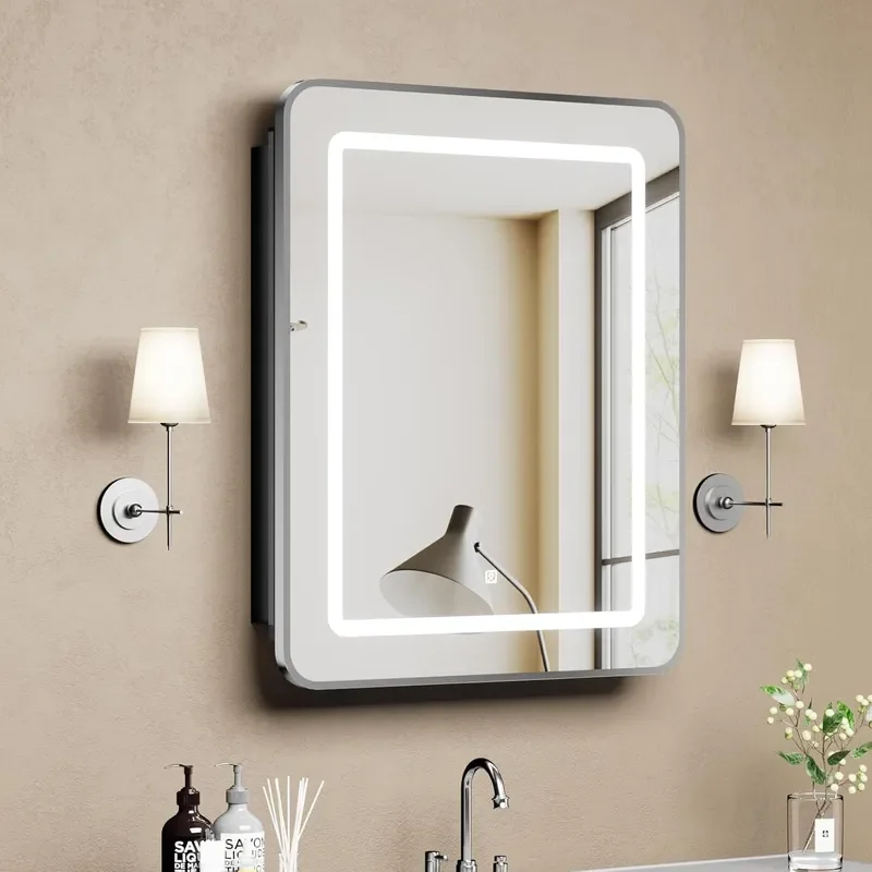 Led Medicine Cabinet with Mirror Bathroom Vanity Mirror Cabinet with Shelves 3-Color Lights Dimmer Silver 24 H x 16 W