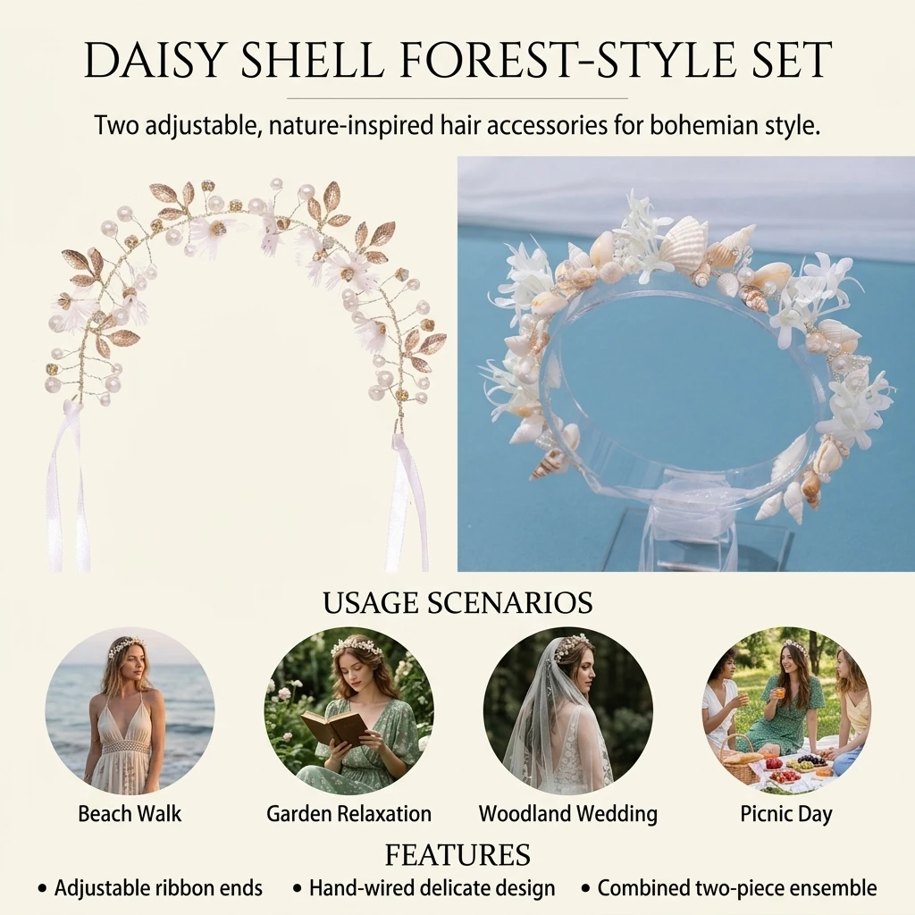 Elegant Headband Set Daisy Shell Floral Hair Accessories for Beach Vacation Spring Picnic Mori Style Women's Hairbands view 4