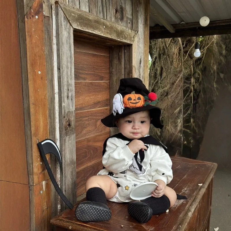 Newborn Infant Baby Boys Girls Halloween Witch Romper White Long Sleeve Bodysuit With Pumpkin Ghost Hat Cape Outfit 0 24M