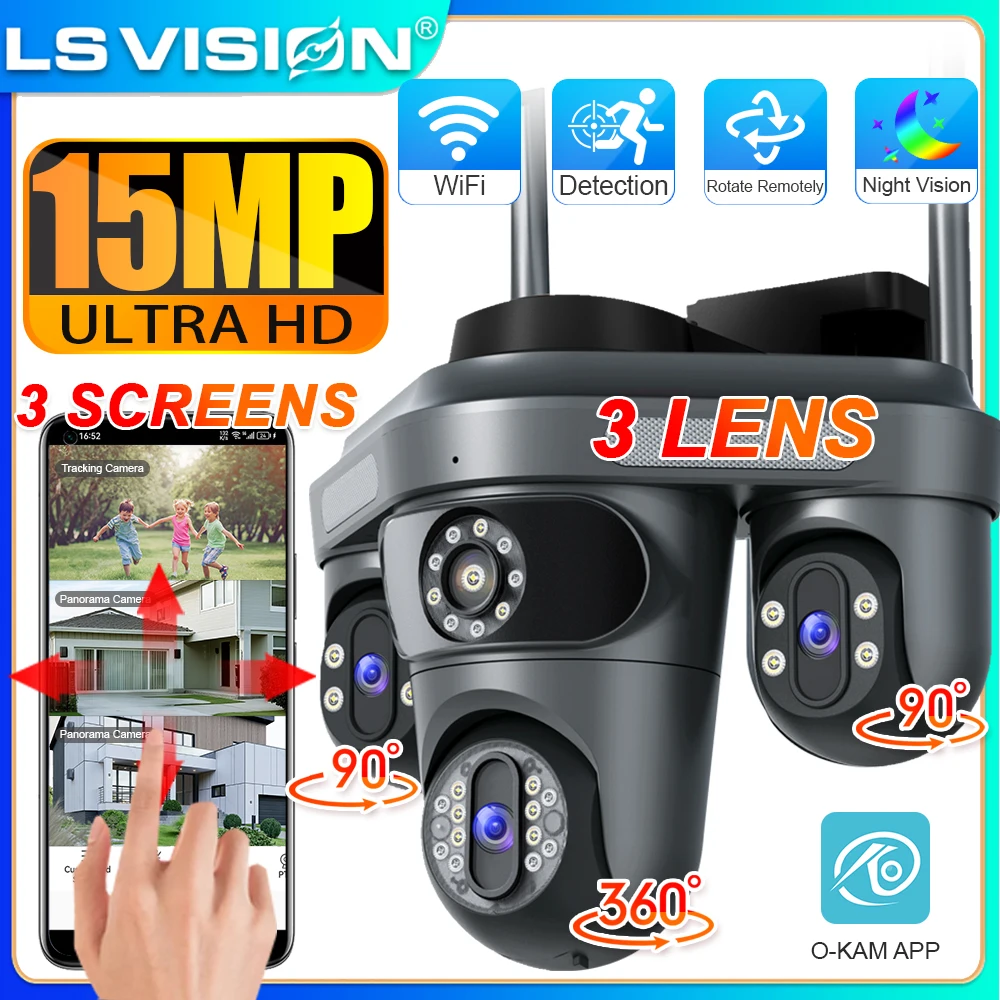 

LS VISION 15MP WiFi Security Camera Outdoor 3-Lens Wireless IP Camera Security Protection 360° Rotation Auto Tracking CCTV OKam