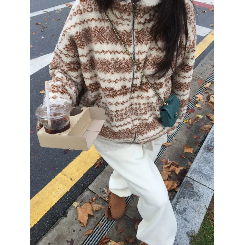 Jaet de piel de cordero Retro elegante para mujer, ropa de abrigo cálida holgada con cremallera, estilo coreano, corte Regular, para escuela y calle, Otoño e Invierno