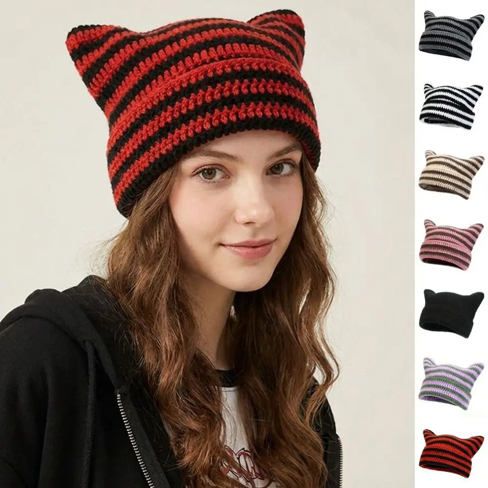 Fashion Y2K Cat Ears Beanie Hats Warm Harajuku Stripe Knitted Hat Cute Streetwear Little Devil Cap Girls