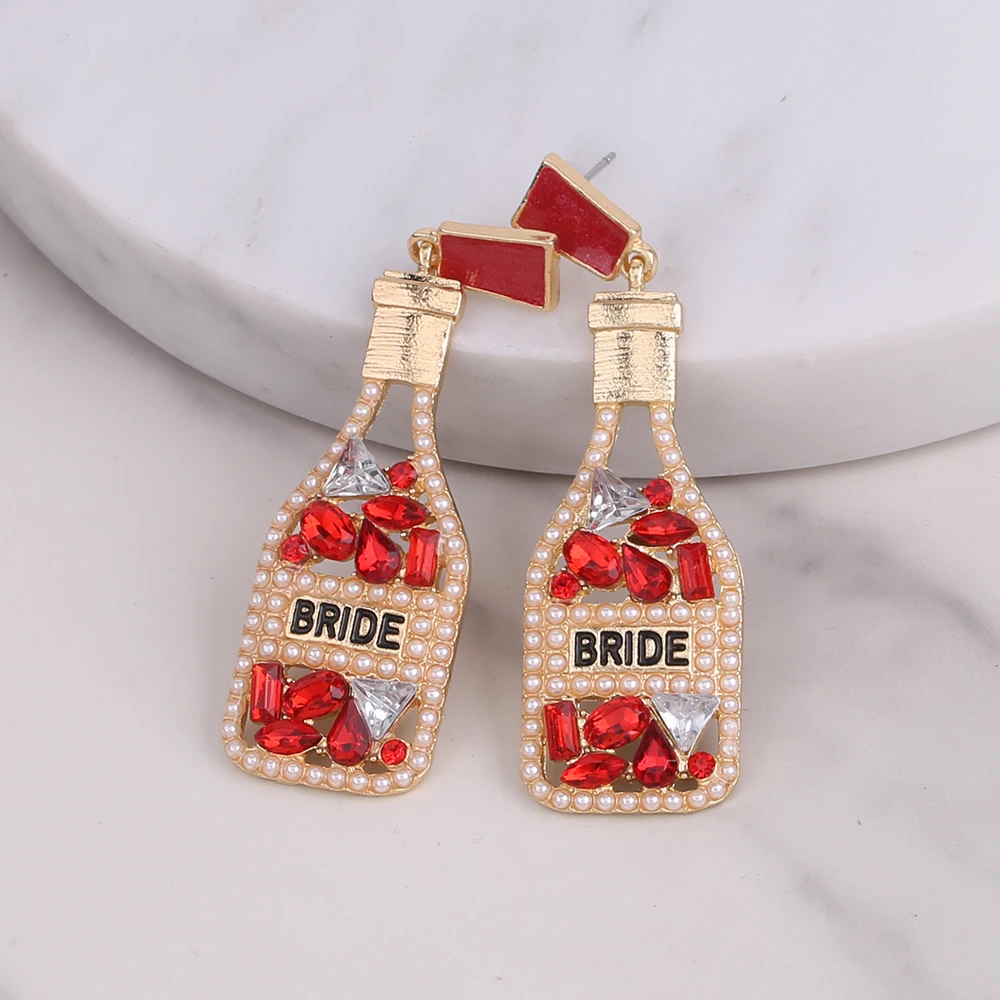 Champagne Bottle Women Earrings Statement New Design BRIDE Letter Drip Oil Dangle Earrings For Women Fashion Jewelry Wholesale