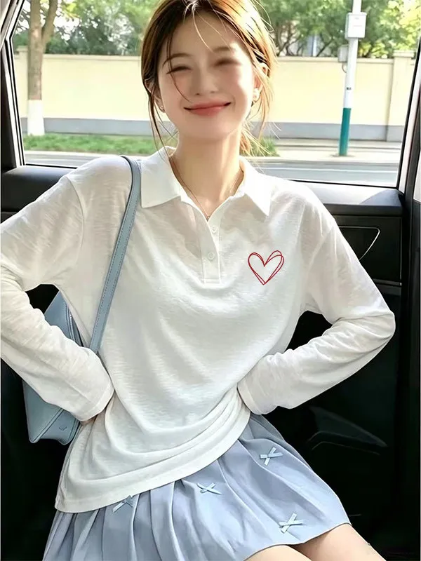 White Long Sleeve  Shirt Women's Early Spring Design Cotton Snowflake Fashionable Youthful Shoulder Appropriate T-Shirt
