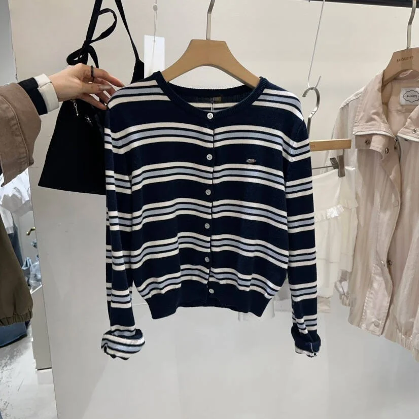 Spring New Classic Striped round Neck Button up Soft Knitted Open Cardigan Fashionable Design Sensation Women's Sweater