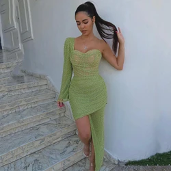 Musetta Sweetheart One Shoulder Prom Dress High Side Split Long Sleeve Formal Party Gowns Green Short Mermaid Evening Dresses