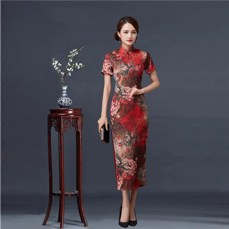 Frauen Cheongsam Neuheit Druck Lange Qipao Klassische Plus Größe 3Xl 4Xl 5Xl 6Xl Chinesischen Traditionellen Kleid Sexy Schlank Split Vestidos