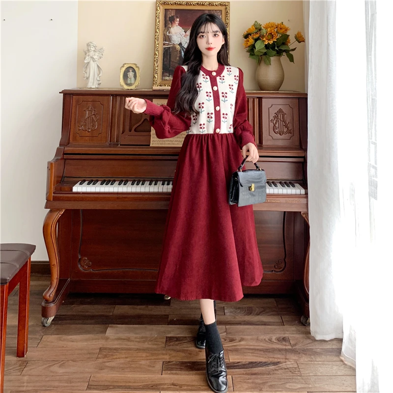 

Вязаное вельветовое платье с цветочным принтом и завязкой на талии, утолщенная меховая юбка, осень-зима, новое модное мягкое женское платье