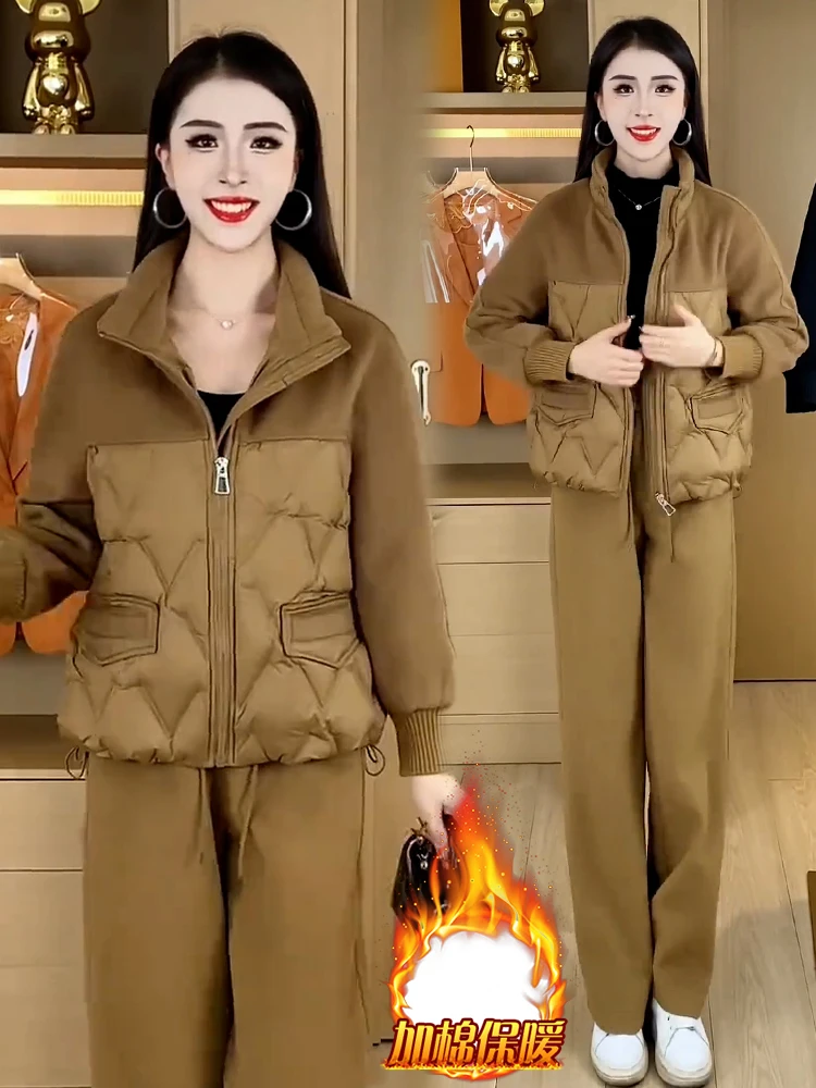 

2025 Winter New Warm Korean Version Cotton Jacket Thick Velvet Coat Casual Straight Leg Pants Sports Simple Two Piece Set